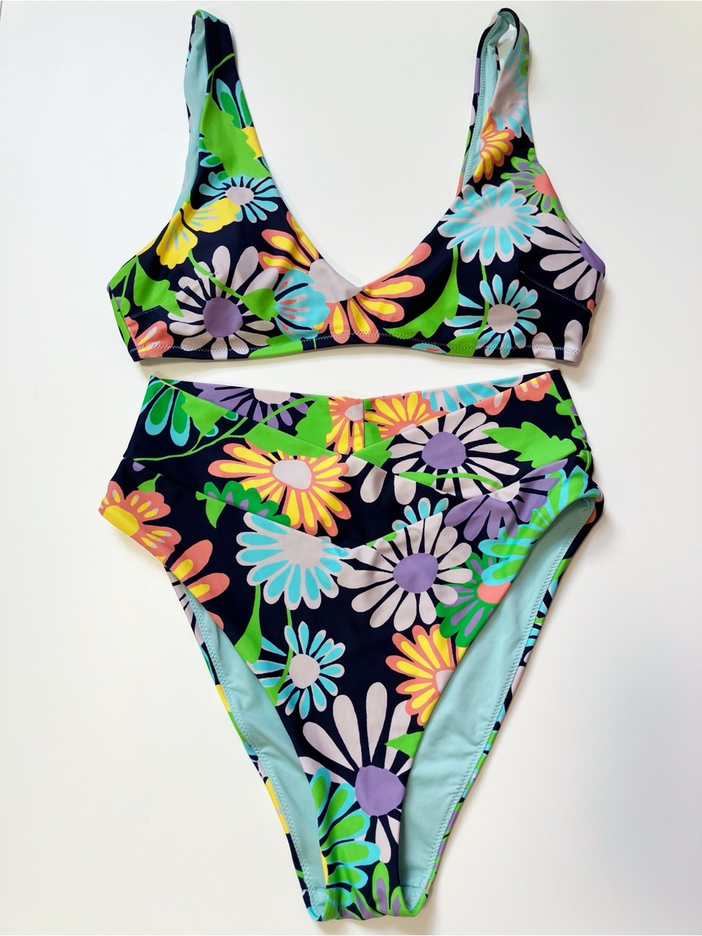 Aerie | Multicolor Floral High Cut Cheeky Bikini Set M Beach Pool Retro Vacation